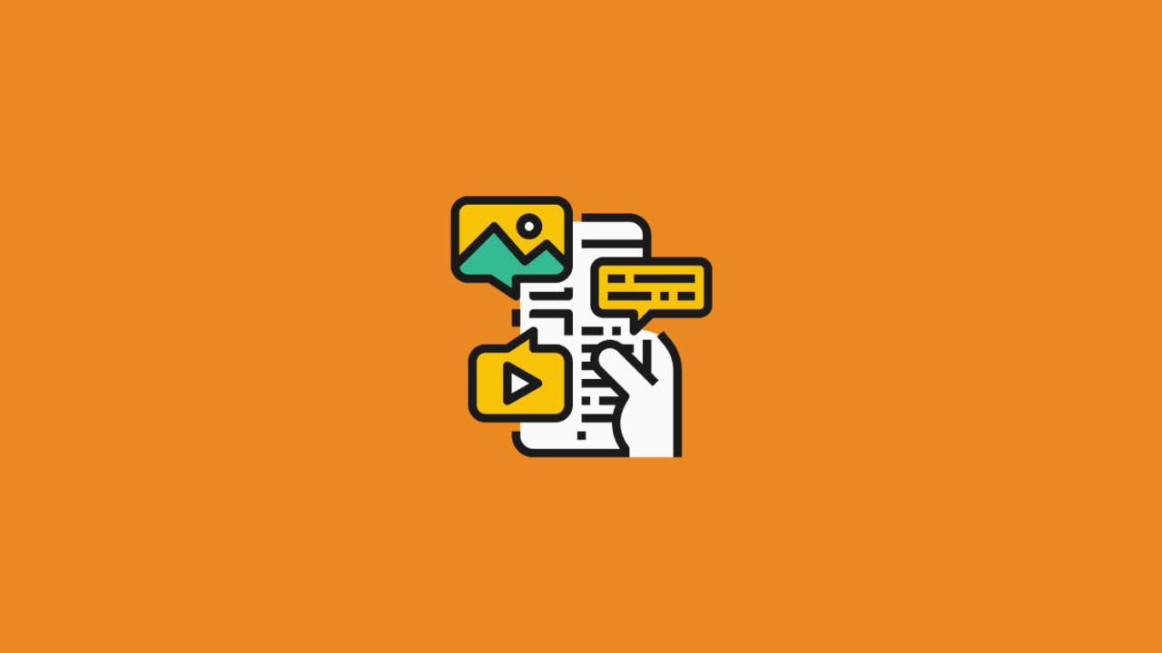 illustration of a hand holding a phone and viewing content marketing with a video icon image icon and text icon
