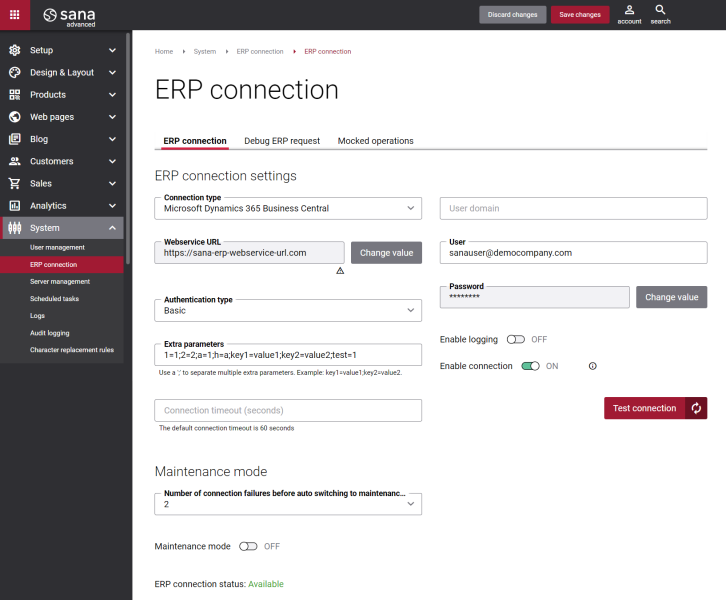 Sana Commerce Cloud review screenshot - ERP connection view