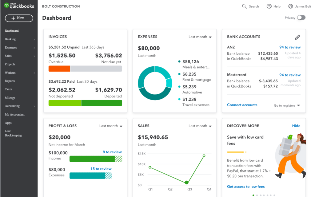 QuickBooks Online review showing the dashboard interface