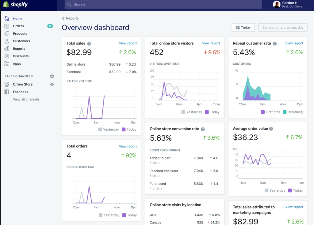 Shopify review showing the dashboard interface